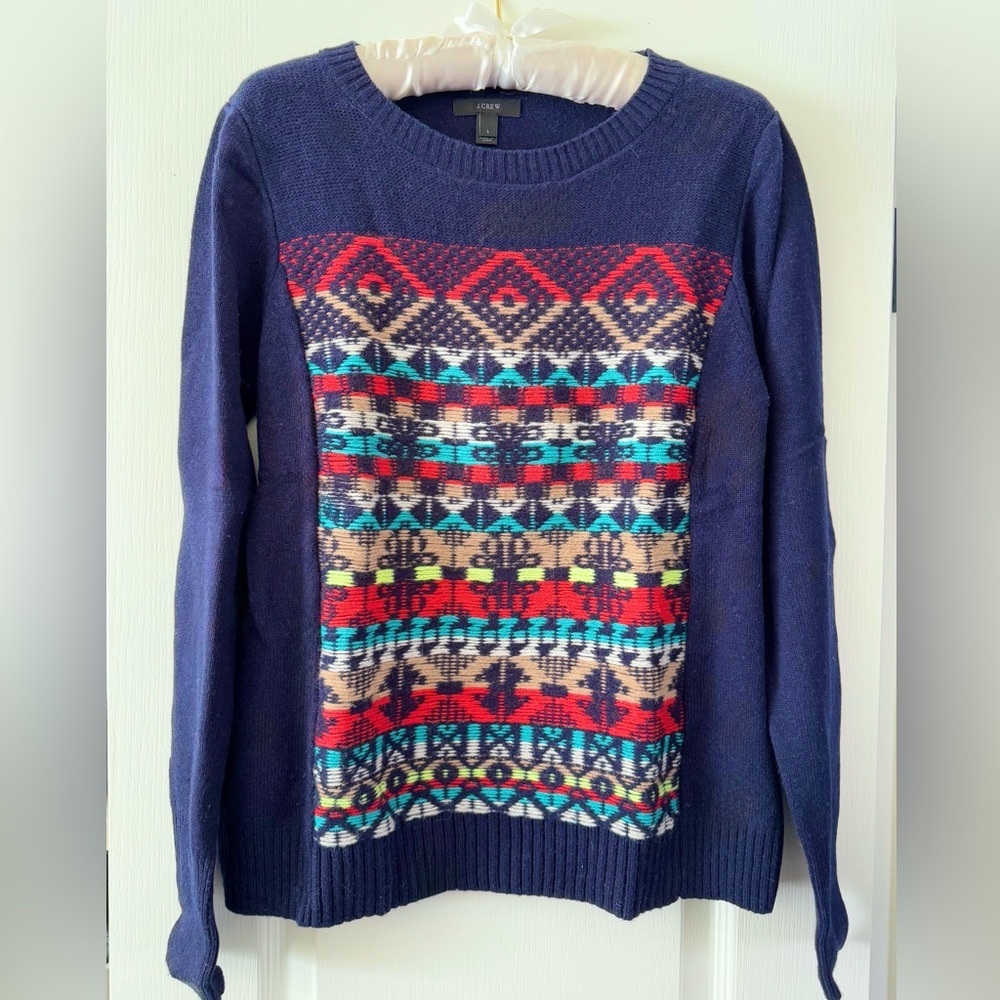 100% Wool J. Crew Sweater - Navy with pattern on front